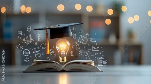 Visually engaging education themed scene with a glowing lightbulb on top of an open book topped by a graduation hat surrounded by symbols of e learning and online degrees