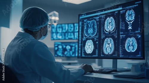 A medical professional analyzing brain scans on a computer in a clinical setting.