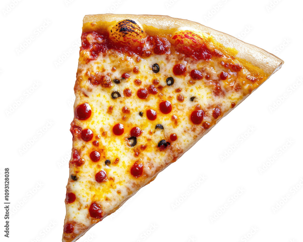 Delicious slice of cheese pizza with toppings, white isolated background Delicious slice of cheese pizza with toppings, white isolated background