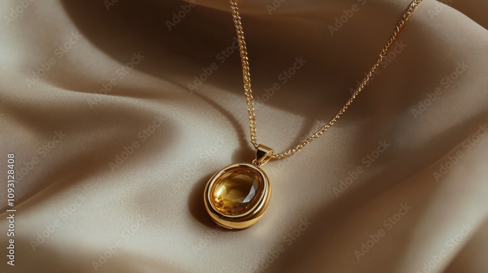 Elegant Gold Necklace with Yellow Gemstone Pendant on Soft Satin Fabric, Perfect for Luxury Jewelry Displays and Fashion Photography Elegant Gold Necklace with Yellow Gemstone Pendant on Soft Satin Fabric, Perfect for Luxury Jewelry Displays and Fashion Photography