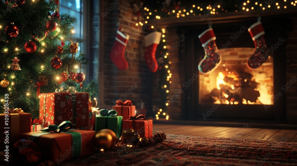 Festive holiday scene with beautifully wrapped presents, glowing tree lights, and stockings hanging on a fireplace Festive holiday scene with beautifully wrapped presents, glowing tree lights, and stockings hanging on a fireplace