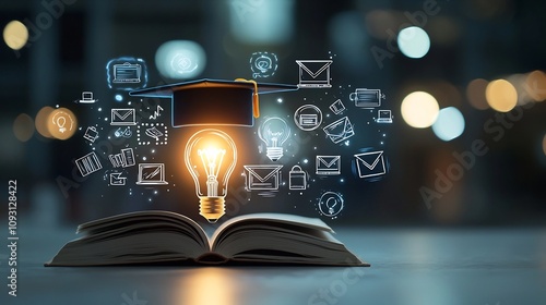 Glowing educational scene with a radiant lightbulb resting on an open book topped by a graduation hat surrounded by floating online education icons all set in a dreamy bokeh lit environment