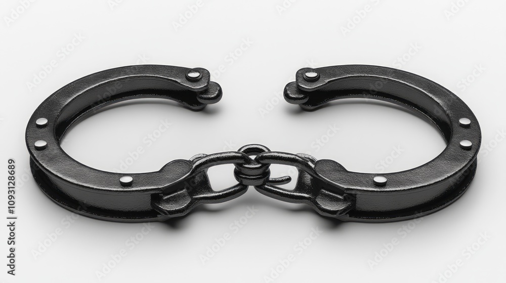 Close-up of black metal handcuffs on white background. Close-up of black metal handcuffs on white background.