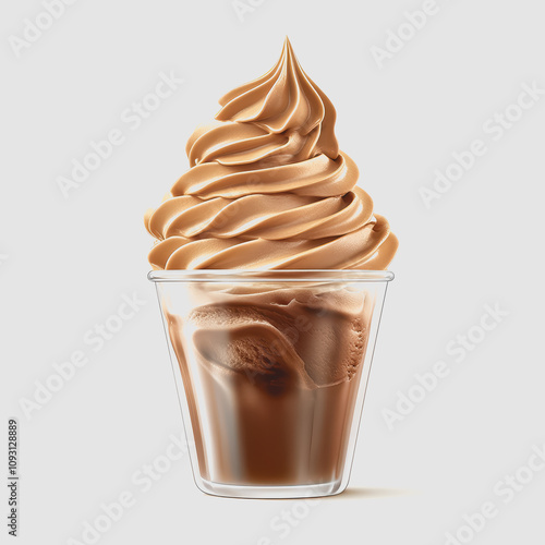 Delicious Soft Serve Chocolate Ice Cream in a Transparent Cup, Perfectly Swirled for an Indulgent Treat Capturing the Essence of Sweetness and Creaminess