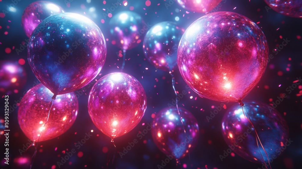 Neon party scene with floating balloons and purpleblue lights Neon party scene with floating balloons and purpleblue lights
