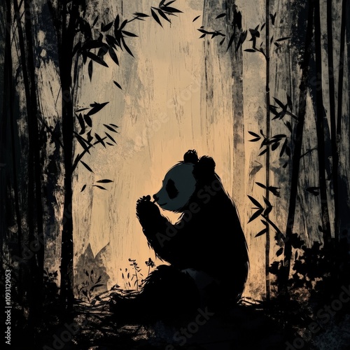 Serene Panda Contemplating in a Forest with Gentle Light and Silhouetted Bamboo Surroundings, Showcasing Nature's Tranquility and Wildlife's Beauty