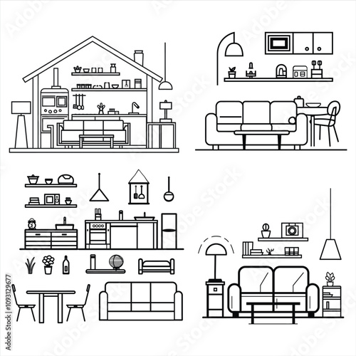 Line art house furniture flat icon bundle set, Outline furniture flat icon bundle set, Drawing interior room furniture flat icon