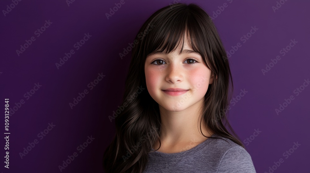 Fototapeta premium Charming portrait of a young girl with long dark hair smiling against a vibrant purple background, showcasing innocence and cheerful expression ideal for family and children-related themes.