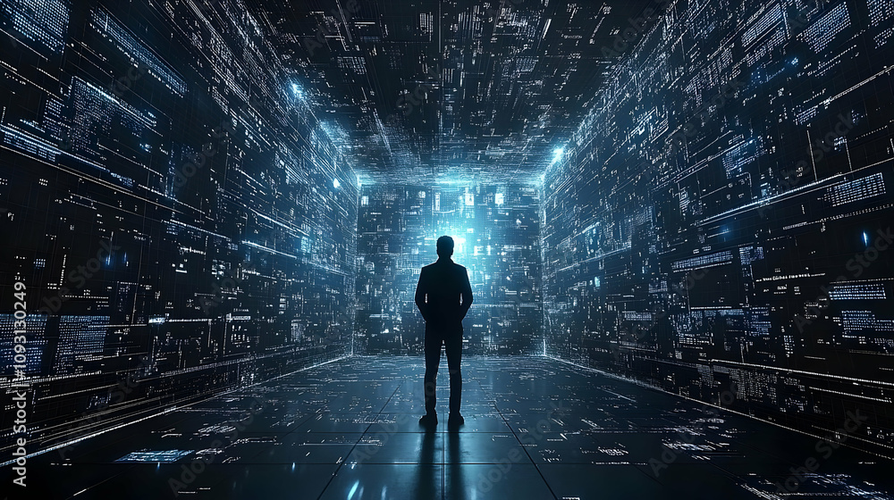 3D Illustration - Man in Digital World Data Center Server Room 3D Illustration - Man in Digital World Data Center Server Room