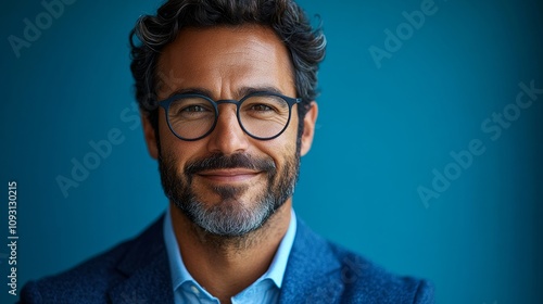 Man wearing glasses and a blue suit is smiling. He looks happy and confident. The blue suit and glasses give him a professional and polished appearance