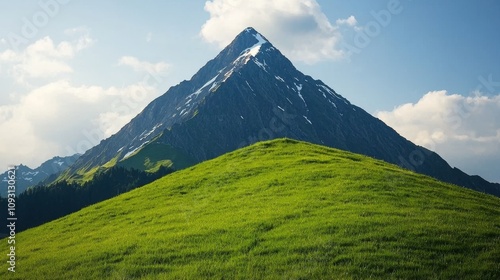 Majestic Mountain Peak Surrounded by Lush Green Grass Scenic Landscape Photography Outdoor Adventure Breathtaking Viewpoint Nature's Beauty