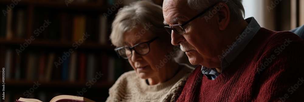 An elderly couple sits side by side, engaged in reading a book, creating an intimate and warm atmosphere that showcases love, companionship, and shared moments. An elderly couple sits side by side, engaged in reading a book, creating an intimate and warm atmosphere that showcases love, companionship, and shared moments.