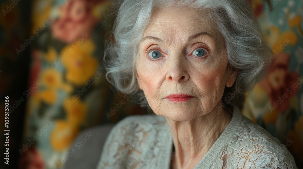 Woman with blue eyes and gray hair is sitting on a chair. She is wearing a white shirt with lace detailing Woman with blue eyes and gray hair is sitting on a chair. She is wearing a white shirt with lace detailing