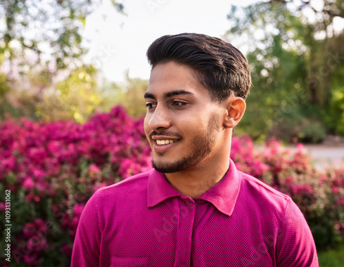 Confident Person Face in Vibrant Outfit with Floral Park Background Lifestyle Headshot