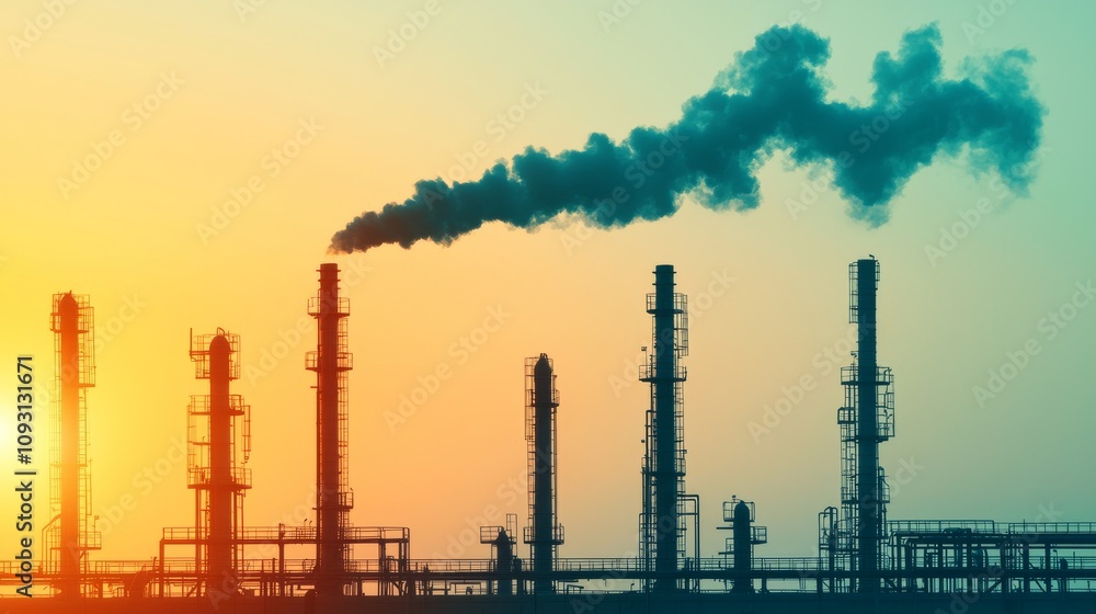 Obraz premium Industrial Refinery Emission Sunset Silhouette Urban Landscape Photography Industrial Environment Wide View Environmental Concept