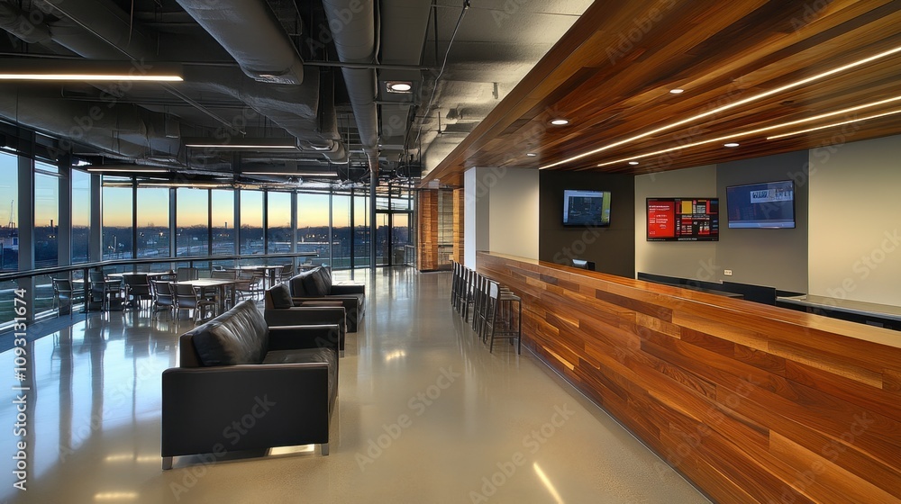 Modern Office Interior Design Featuring Sleek Furniture, Warm Wood Accents, Large Windows, and Open Space for Collaboration and Inspiration at Sunset Modern Office Interior Design Featuring Sleek Furniture, Warm Wood Accents, Large Windows, and Open Space for Collaboration and Inspiration at Sunset