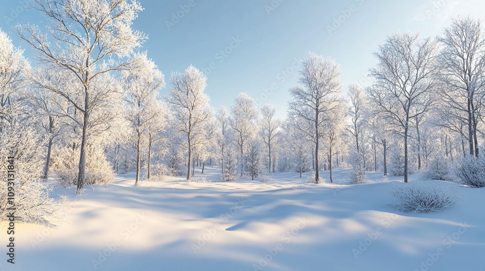 Tranquil Winter Forest Clearing: Serene 3D Render of Snowy Scene with Frost-Covered Trees in High Resolution Tranquil Winter Forest Clearing: Serene 3D Render of Snowy Scene with Frost-Covered Trees in High Resolution