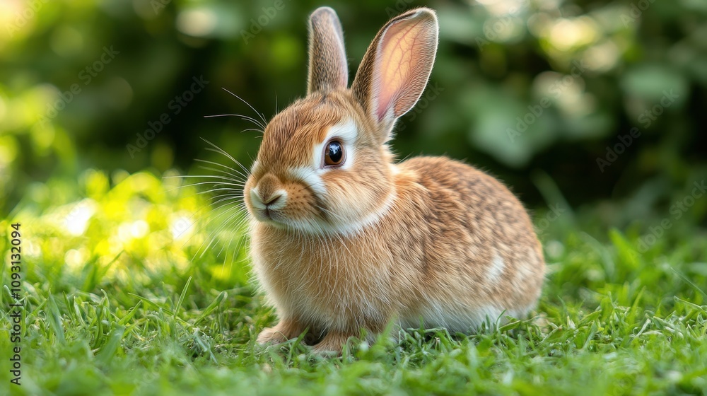 A delightful brown rabbit with large ears sits amidst lush green grass on a sunny day, showcasing the beauty of wildlife in its natural habitat A delightful brown rabbit with large ears sits amidst lush green grass on a sunny day, showcasing the beauty of wildlife in its natural habitat