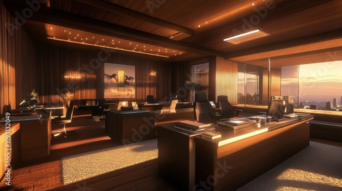 Modern Corporate Office Space at Sunset with Elegant Wood Panels, High-Quality Furniture, and Cityscape Views from Large Windows, Perfect for Business and Professional Imagery