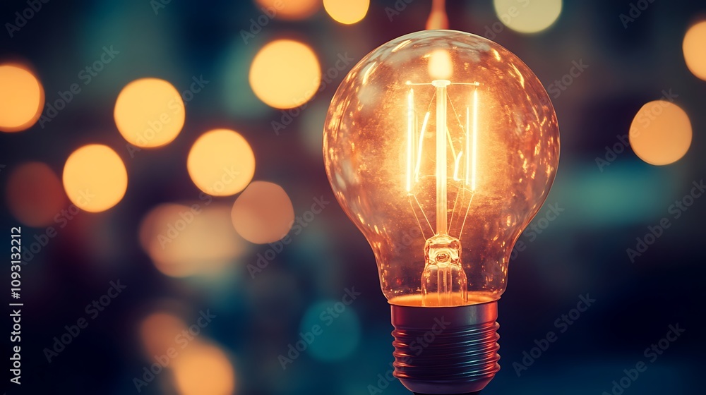 Glowing Edison Bulb Against a Blurred Background of Warm Lights Glowing Edison Bulb Against a Blurred Background of Warm Lights