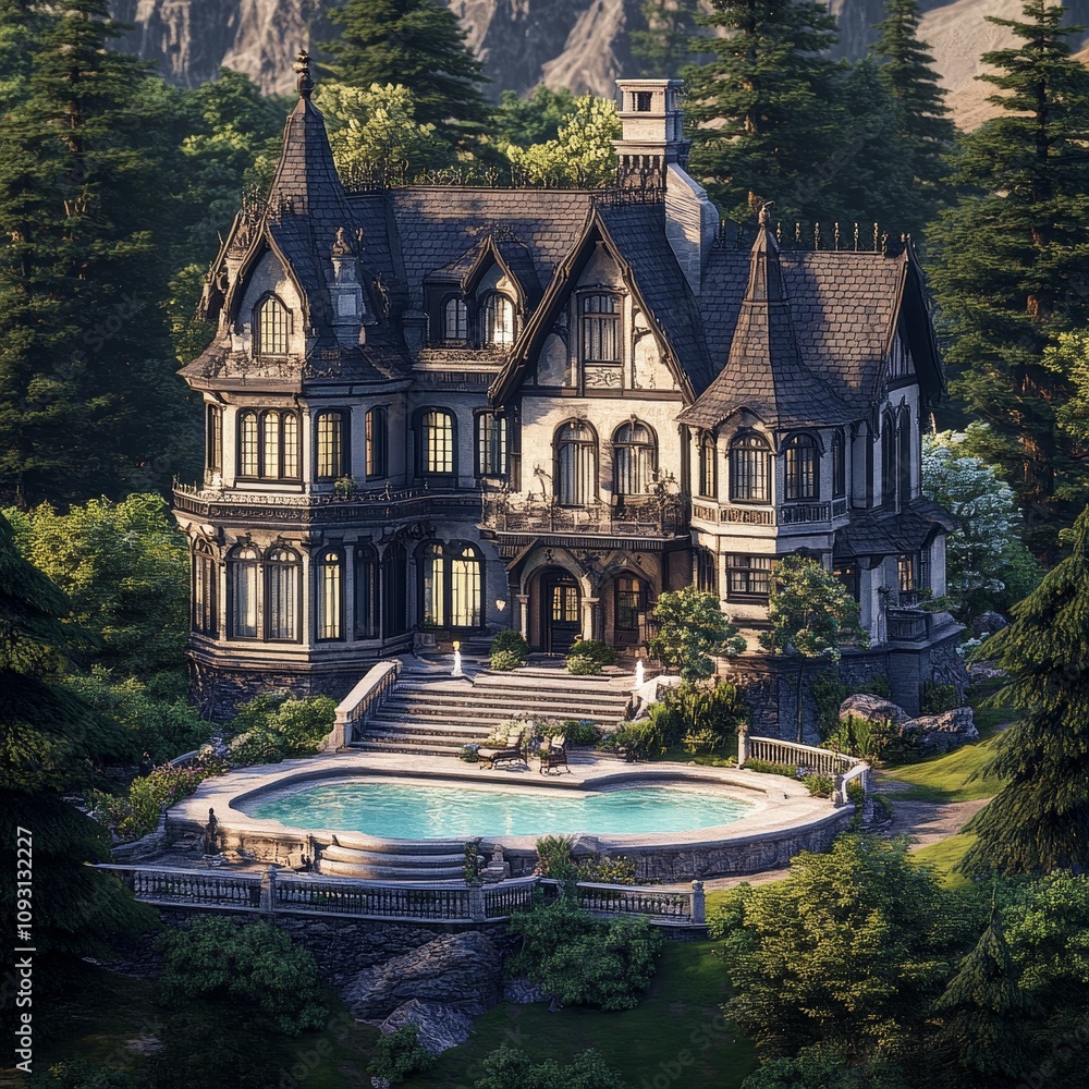 Majestic Victorian Mansion Surrounded by Lush Greenery and a Serene Pool Under a Clear Blue Sky in a Tranquil Setting Majestic Victorian Mansion Surrounded by Lush Greenery and a Serene Pool Under a Clear Blue Sky in a Tranquil Setting