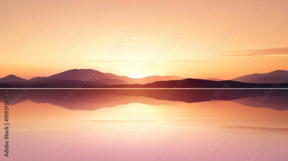 Serene Sunset Over Calm Water with Reflective Mountains in the Background, Bathed in Warm Hues of Orange, Purple, and Pink, Creating a Tranquil Atmosphere for Nature Lovers Serene Sunset Over Calm Water with Reflective Mountains in the Background, Bathed in Warm Hues of Orange, Purple, and Pink, Creating a Tranquil Atmosphere for Nature Lovers