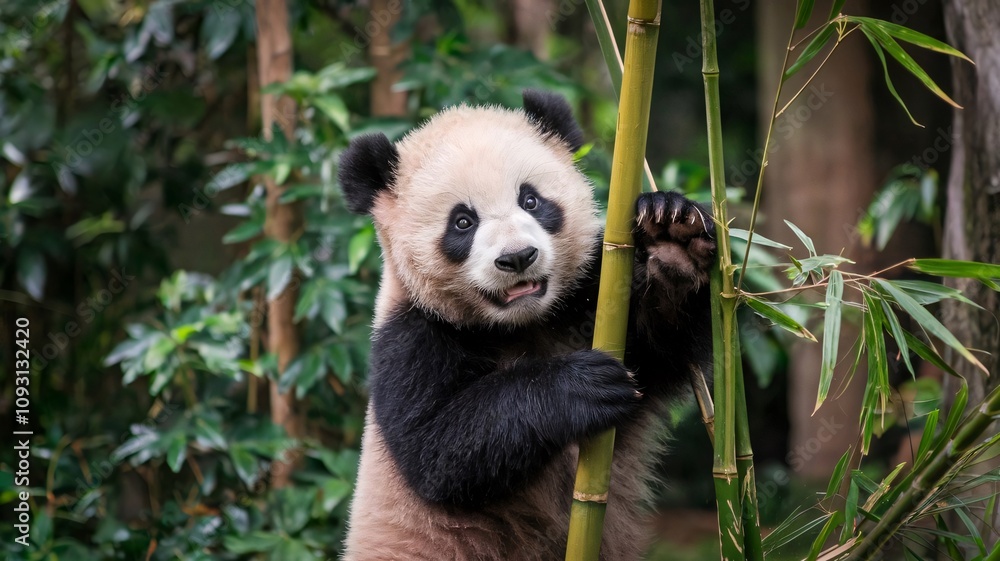 Obraz premium Playful Panda Cub Climbing Bamboo in Lush Forest Greenery