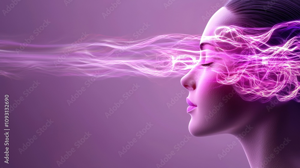 A serene woman in profile with flowing energy waves, representing calmness and introspection. A serene woman in profile with flowing energy waves, representing calmness and introspection.