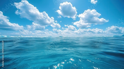 A serene ocean view under a bright blue sky with fluffy clouds.