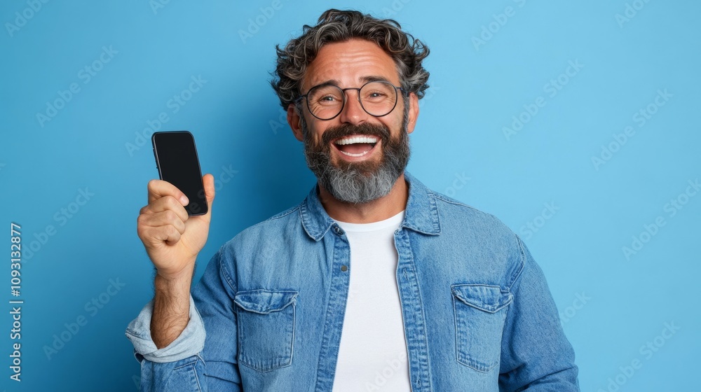 Naklejka premium Man with glasses and a beard is holding a cell phone in his hand and smiling. He is wearing a blue jacket and white shirt