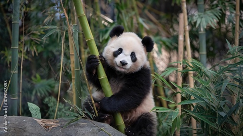 Playful Panda Cub Climbing Bamboo in Lush Forest Greenery