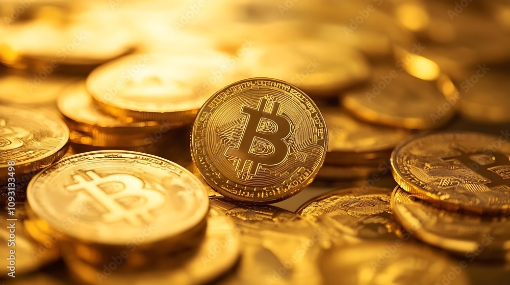 Golden Bitcoin Coins Stacked Together Representing Cryptocurrency Wealth Golden Bitcoin Coins Stacked Together Representing Cryptocurrency Wealth