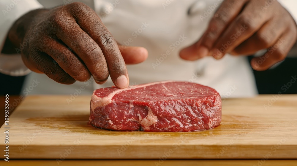 A chef's hands delicately prepare a raw steak on a wooden cutting board, highlighting the meat's marbling and quality. A chef's hands delicately prepare a raw steak on a wooden cutting board, highlighting the meat's marbling and quality.