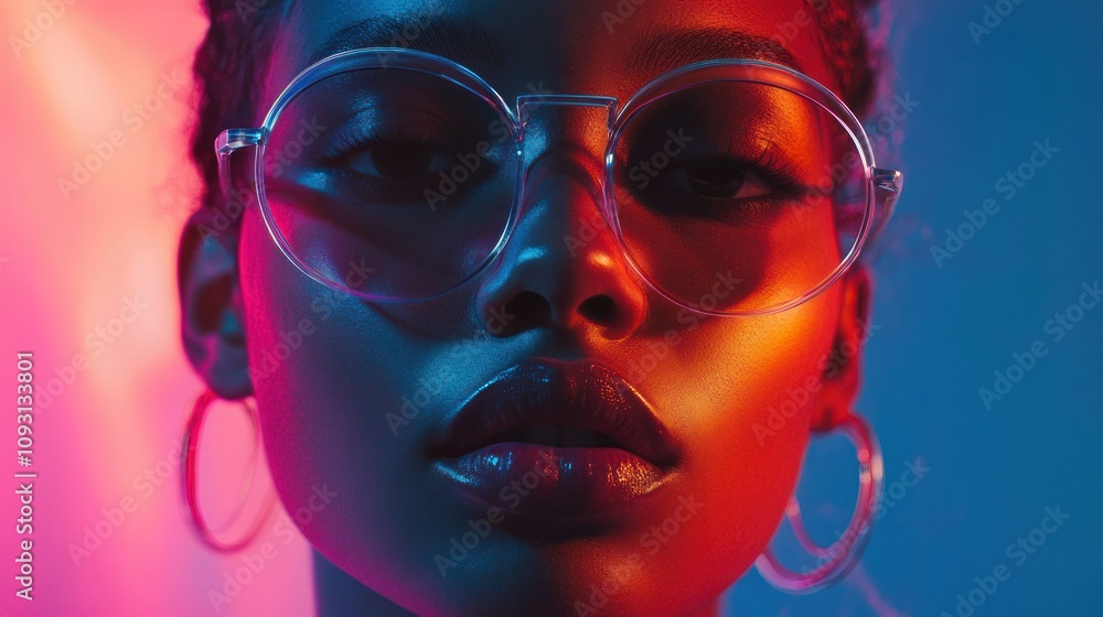 Futuristic portrait with neon gel lighting, capturing intense colors and sharp contrasts in a studio setup Futuristic portrait with neon gel lighting, capturing intense colors and sharp contrasts in a studio setup