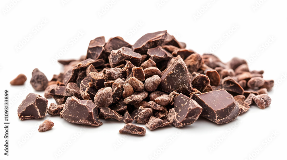 Obraz premium Photo Dark Chocolate Chunks Cocoa Nibs White Background