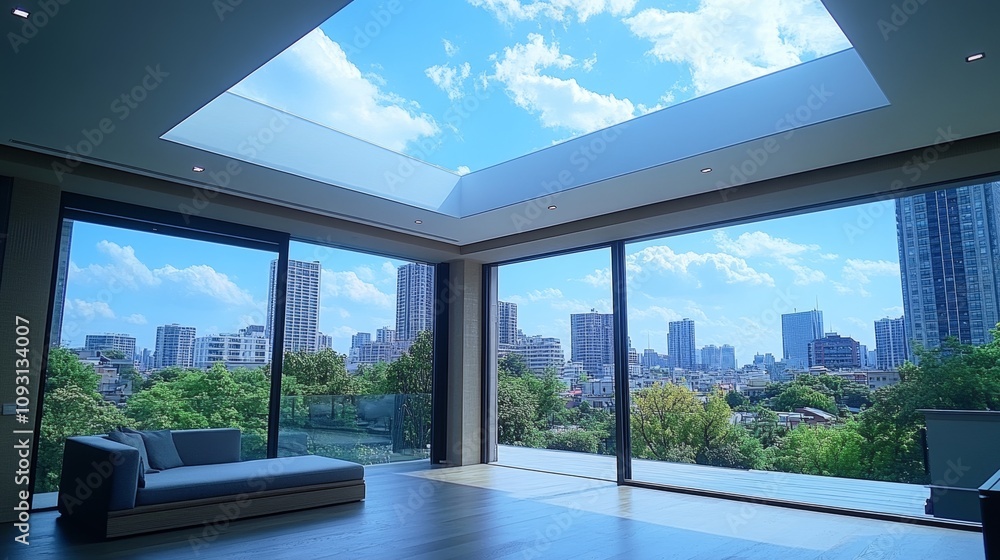 Bright and Airy Living Space With Stunning Urban Skyline View and Lush Greenery Under a Clear Blue Sky Bright and Airy Living Space With Stunning Urban Skyline View and Lush Greenery Under a Clear Blue Sky