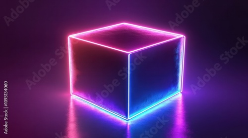 Futuristic rotating cube with glowing neon edges, seamlessly looping in 4K with reflective textures