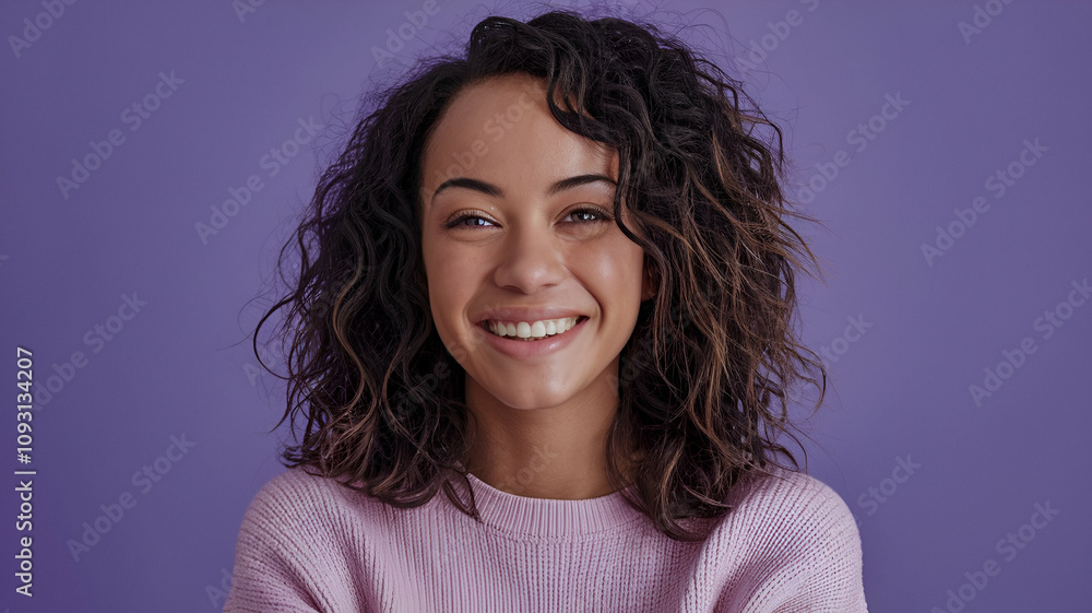 A portrait of a young, happy, and pretty cool Gen Z African woman with curly hair. She is smiling and wearing a pink sweater. The background is purple. A portrait of a young, happy, and pretty cool Gen Z African woman with curly hair. She is smiling and wearing a pink sweater. The background is purple.