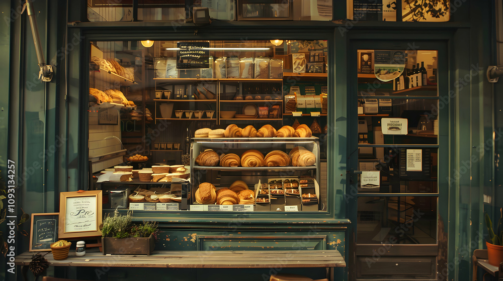 A charming bakery display showcasing a variety of fresh breads and pastries. A charming bakery display showcasing a variety of fresh breads and pastries.