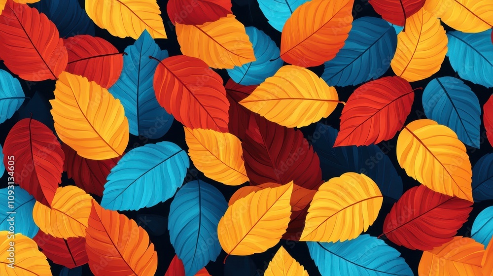 Obraz premium Vibrant Colorful Leaves Composition for Autumn Season Background with Bright Orange, Red, and Blue Leaves on Dark Surface