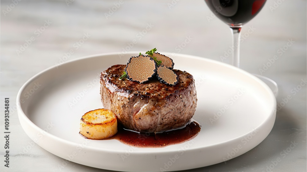 A gourmet steak topped with truffles, served with a sauce and a small potato, alongside a glass of red wine on a minimalist plate. A gourmet steak topped with truffles, served with a sauce and a small potato, alongside a glass of red wine on a minimalist plate.