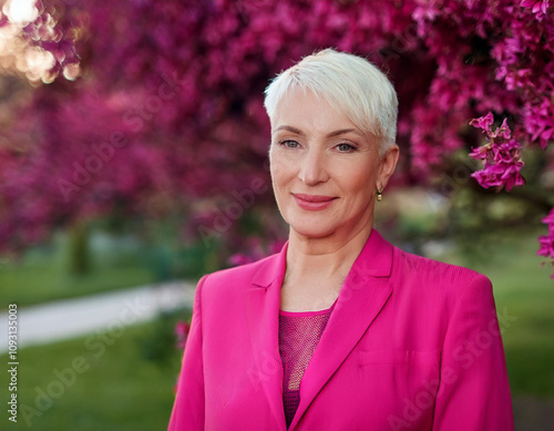 Confident Transgender Person Face in Vibrant Outfit with Floral Park Background Lifestyle Headshot photo