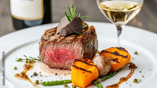 A gourmet dish featuring grilled steak, garnished with truffle and herbs, accompanied by roasted vegetables and a glass of white wine.