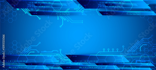 Abstract technological illustration with neon lights on a dark blue gradient background. This vector was hand drawn.