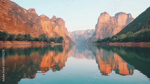 Serene Landscape of Stunning Rock Formations and Calm Water Reflections in Majestic River Valley at Sunrise