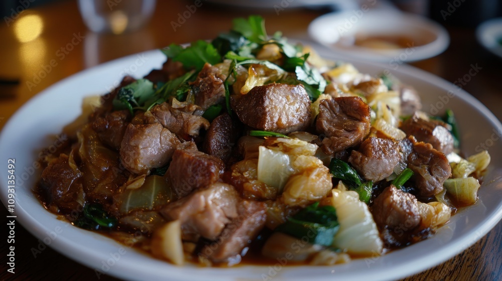 Delicious Plate of Stir-Fried Beef with Fresh Vegetables and Herbs in a Cozy Restaurant Setting, Highlighting Culinary Pairing and Taste Sensation Delicious Plate of Stir-Fried Beef with Fresh Vegetables and Herbs in a Cozy Restaurant Setting, Highlighting Culinary Pairing and Taste Sensation