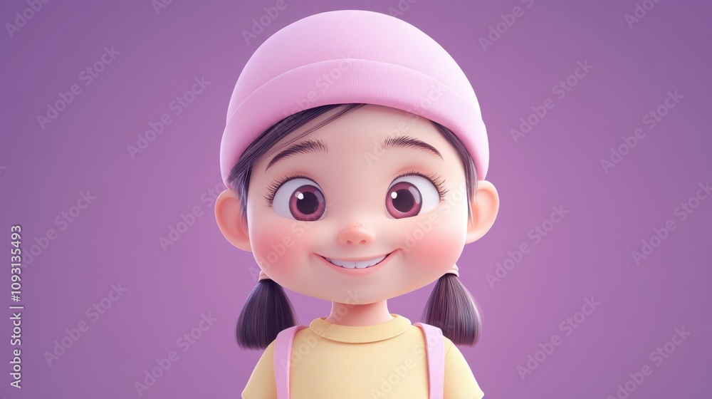 Charming Cartoon Girl with a Pink Beanie and Bright Smile on a Soft Purple Background, Perfect for Children's Media and Illustrations Charming Cartoon Girl with a Pink Beanie and Bright Smile on a Soft Purple Background, Perfect for Children's Media and Illustrations