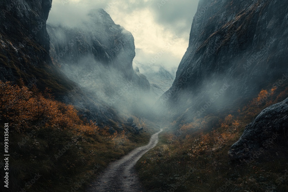 Obraz premium Misty Mountain Path Winding Through Autumnal Gorge