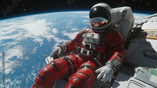 A solitary astronaut in a modern space suit floating near a spacecraft with Earth visible in the background. The astronaut is surrounded by the vast, star-filled expanse of space photo