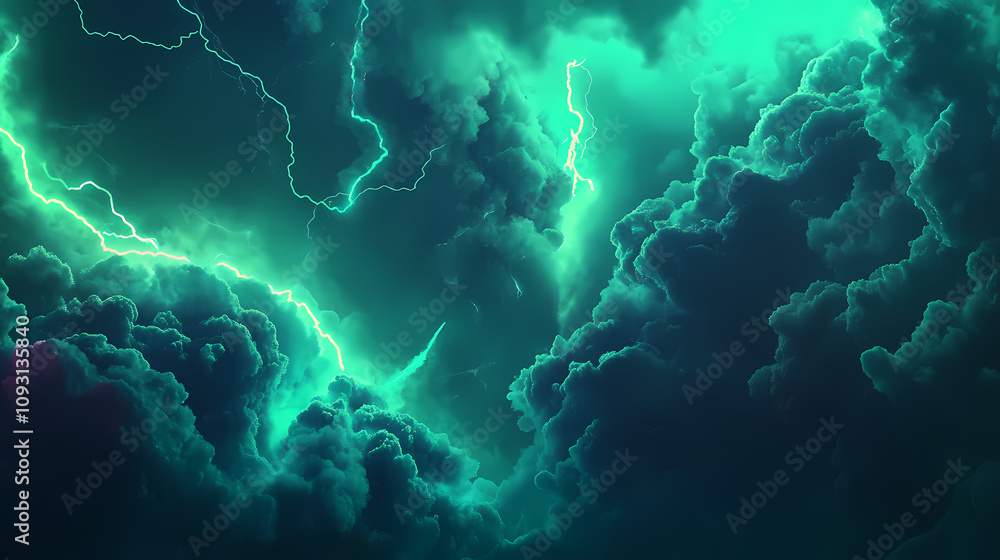 Green lightning strikes through a cloudy background, creating a dramatic and energetic atmosphere in an abstract design. Neon Lightning Strikes. Illustration Green lightning strikes through a cloudy background, creating a dramatic and energetic atmosphere in an abstract design. Neon Lightning Strikes. Illustration